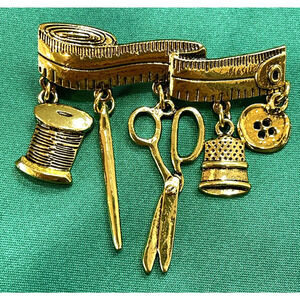 NWOT Sewing Tools Charm Brooch Pin Needle Spool Scissors Thimble Button